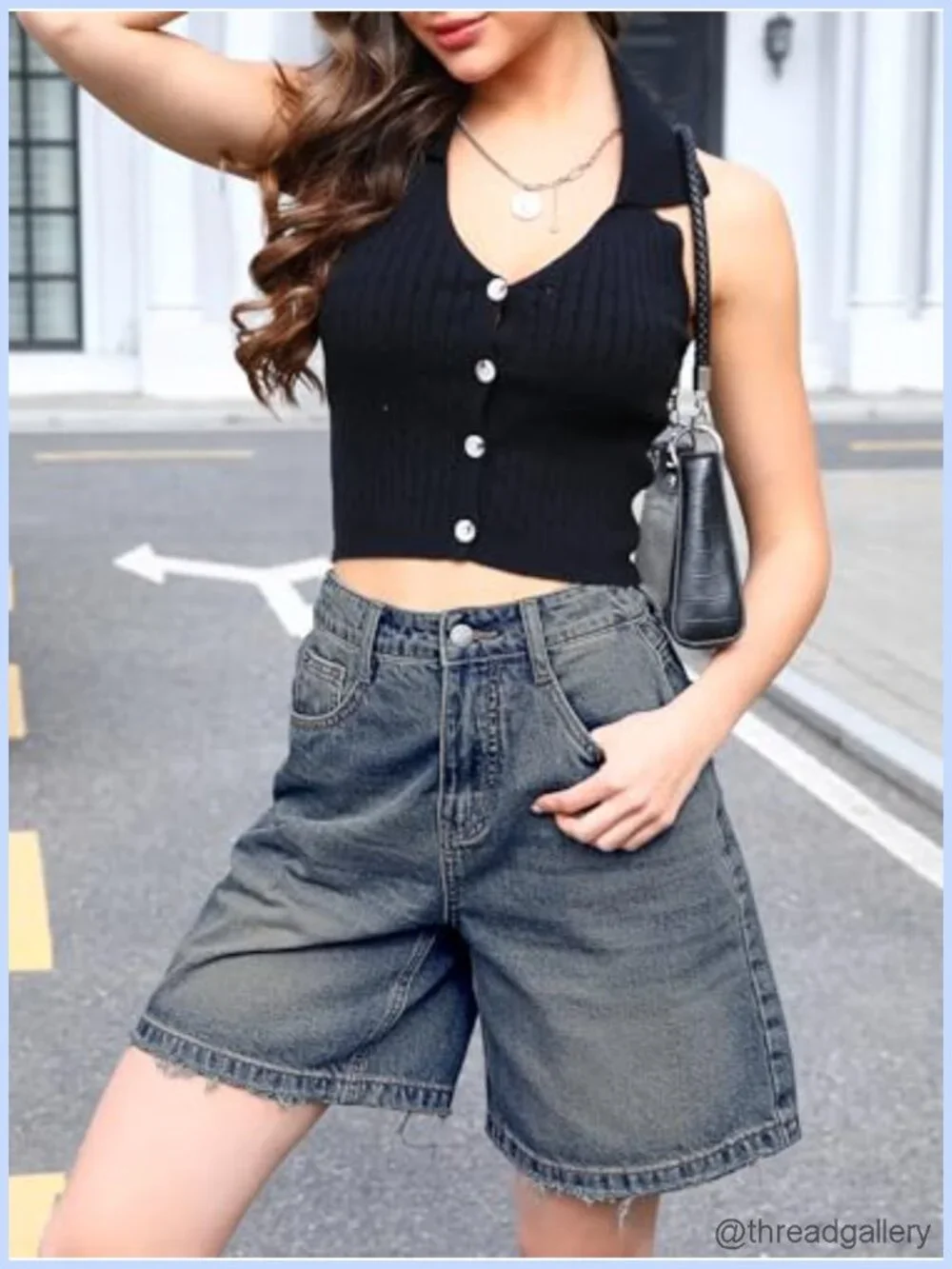 Wide Leg Denim Shorts Baggy Bermuda Knee Length High Rise Stretch